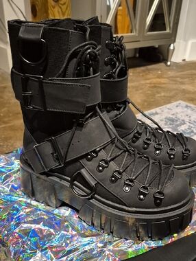 Chunky Black Combat Boots with Buckle Straps